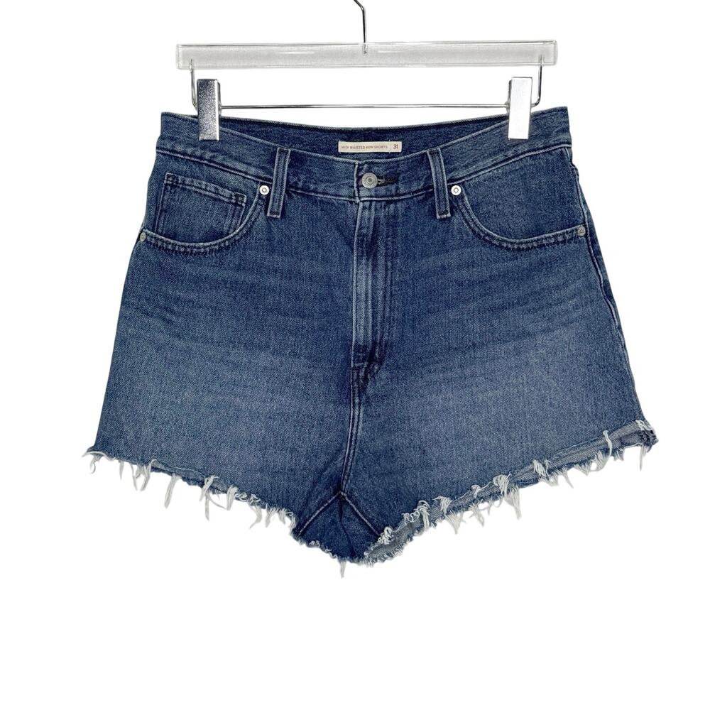 Levis High Waisted Denim Mom Shorts 31 Blue wash Frayed Raw Hem
